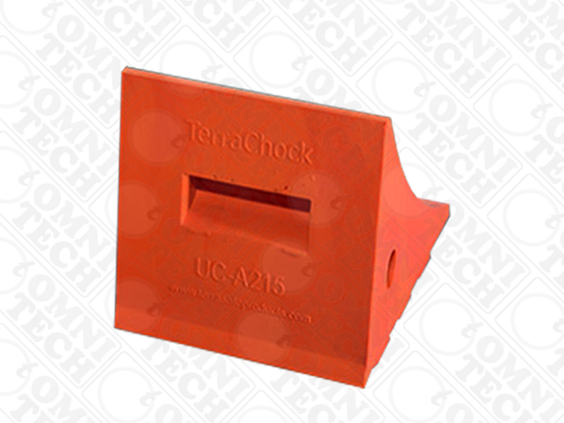 Omni Technosys Terra Chock UC-A215 orange polyurethane wheel chock for vehicles weighing up to 10 tons back view