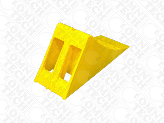 Omni Technosys Terra Chock yellow honeycomb structure HDPE wheel chock for vehicles weighing up to 10 tons handle view
