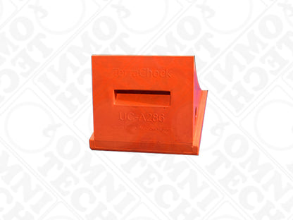 Omni Technosys Terra Chock orange PU wheel chock for vehicles weighing up to 20tons handle view