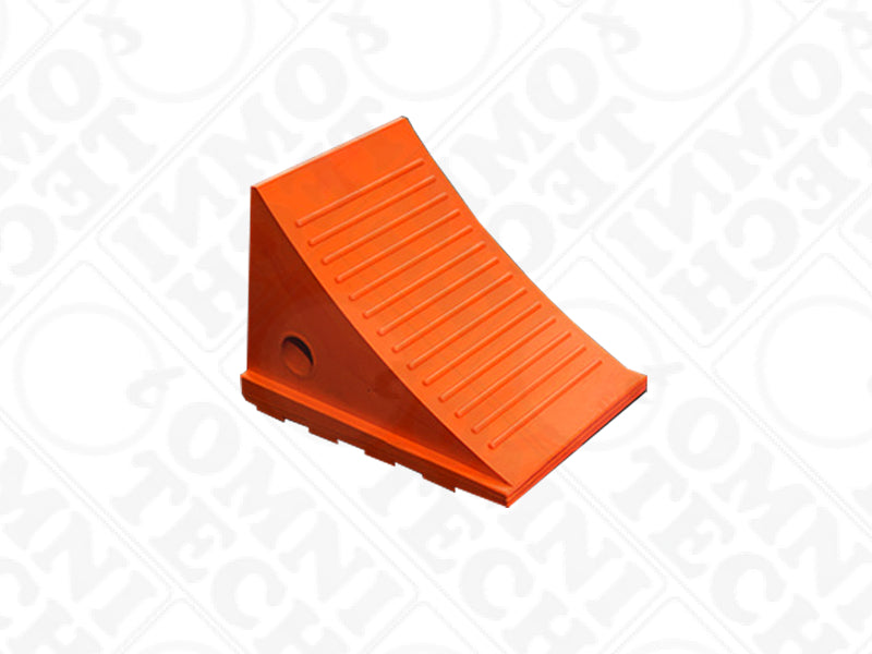 Omni Technosys Terra Chock orange polyurethane wheel chock for vehicles weighing up to 20 tons side view