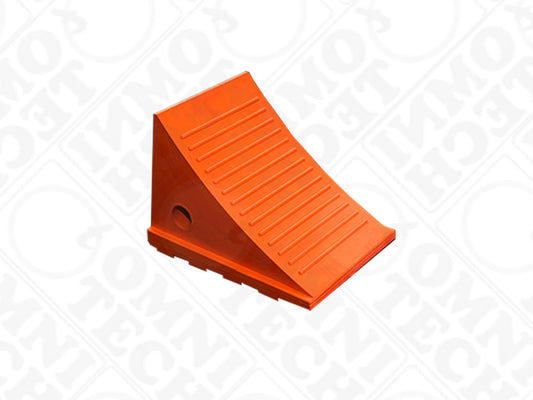 Omni Technosys Terra Chock orange polyurethane wheel chock for vehicles weighing up to 20 tons side view