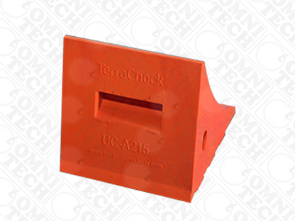 Omni Technosys Terra Chock UC-A215 orange polyurethane wheel chock for vehicles weighing up to 10 tons back view