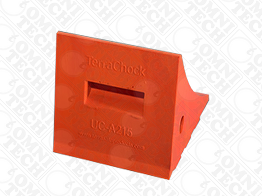 Omni Technosys Terra Chock UC-A215 orange polyurethane wheel chock for vehicles weighing up to 10 tons back view